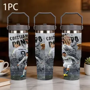 1pc 30oz large capacity portable thermos cup with Cristiano Ronaldo Real Madrid No. 9 jersey graffiti style design, 304 stainless steel double vacuum insulation, leak-proof screw cap, suitable for sports, car and outdoor scenes.