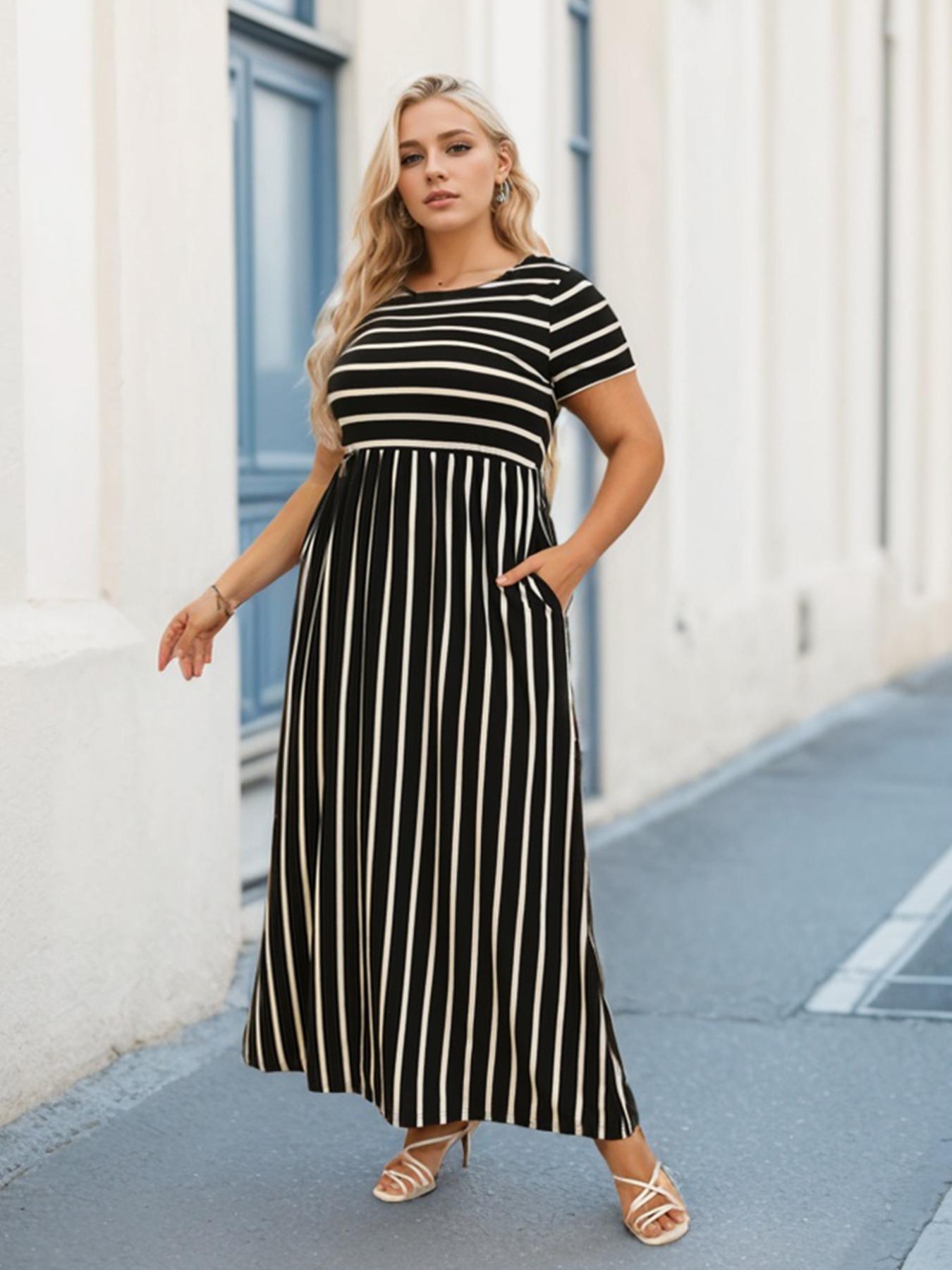 Women's Round Neck Stretchy Casual Long Plus Size Dress, Perfect for Bridesmaids, Vintage Style Wedding & Party Wear, Comfortable Fabric