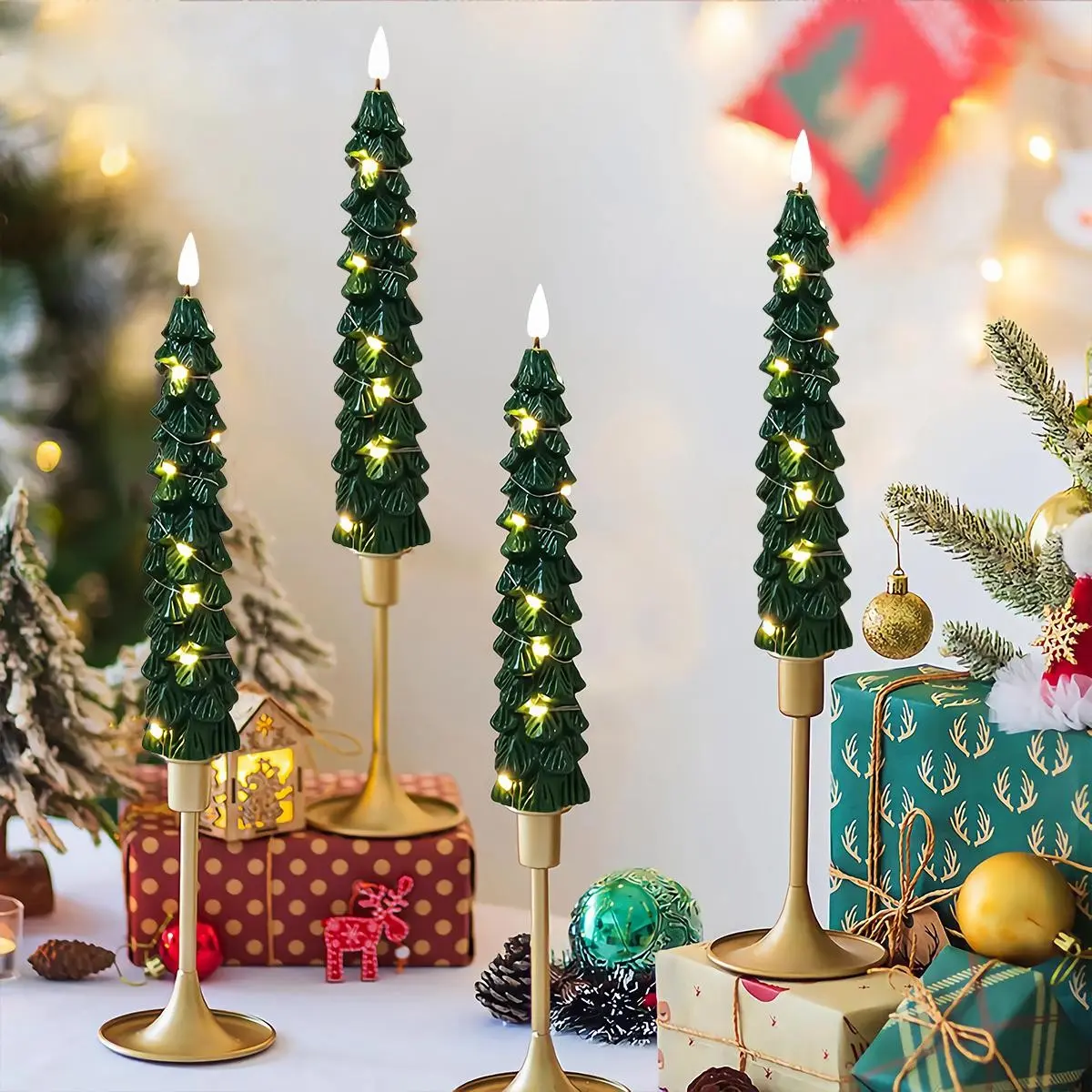 4pcs Christmas Tree LED Candle Lights Set, Remote Control Battery Operated Warm Glow Decorative Candles for Home Holiday Christmas Decorations