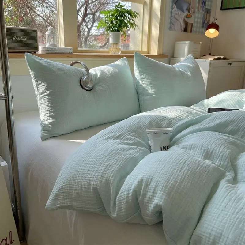 3pcs Simple Solid Pleated Bubble Soft Breathable Dorm Bedding Set, Bed Sets Includes Duvet Cover &2 Pillowcases, Single Full Double Queen size All Seasons