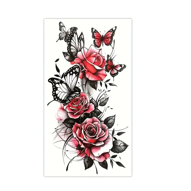 Temporary Tattoo Sticker, Realistic, Elegant Waterproof Body Art, Unisex, Easy to Apply, Durable, Rose and Butterfly Design, Party, Holiday, Travel, Temporary Tattoos Stickers