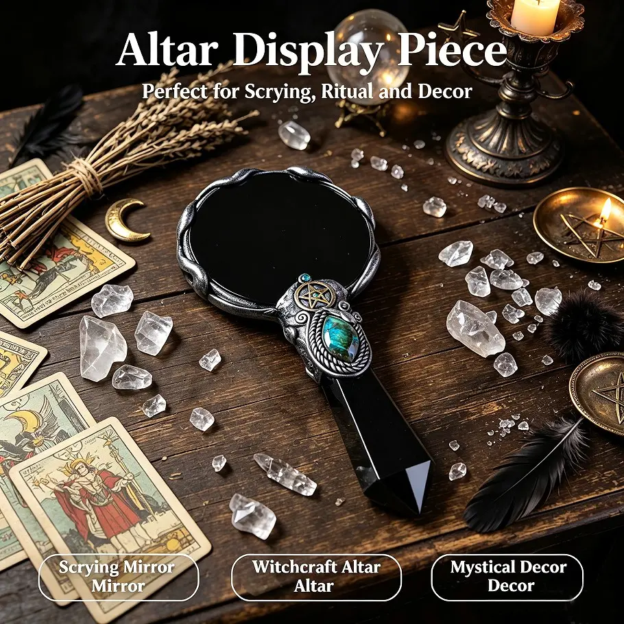 Bohemian Obsidian Point Witch Scrying Mirror, Portable Round Obsidian Divination Plate, Crystal Gazing Mirror for Meditation, Halloween Gift