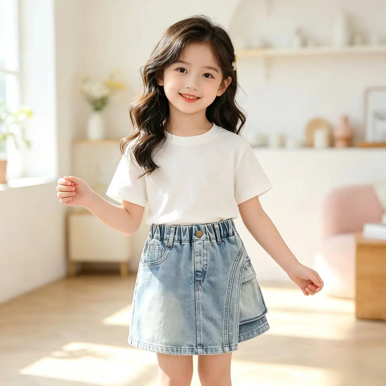 CWS Girls' High-Waist Straight Leg Denim Jean Shorts - Vintage-Inspired Wash, Ripped Accents, 2-Pocket Jorts, Casual Wear Bottoms for 3-16 Years, Straight Leg Jeans