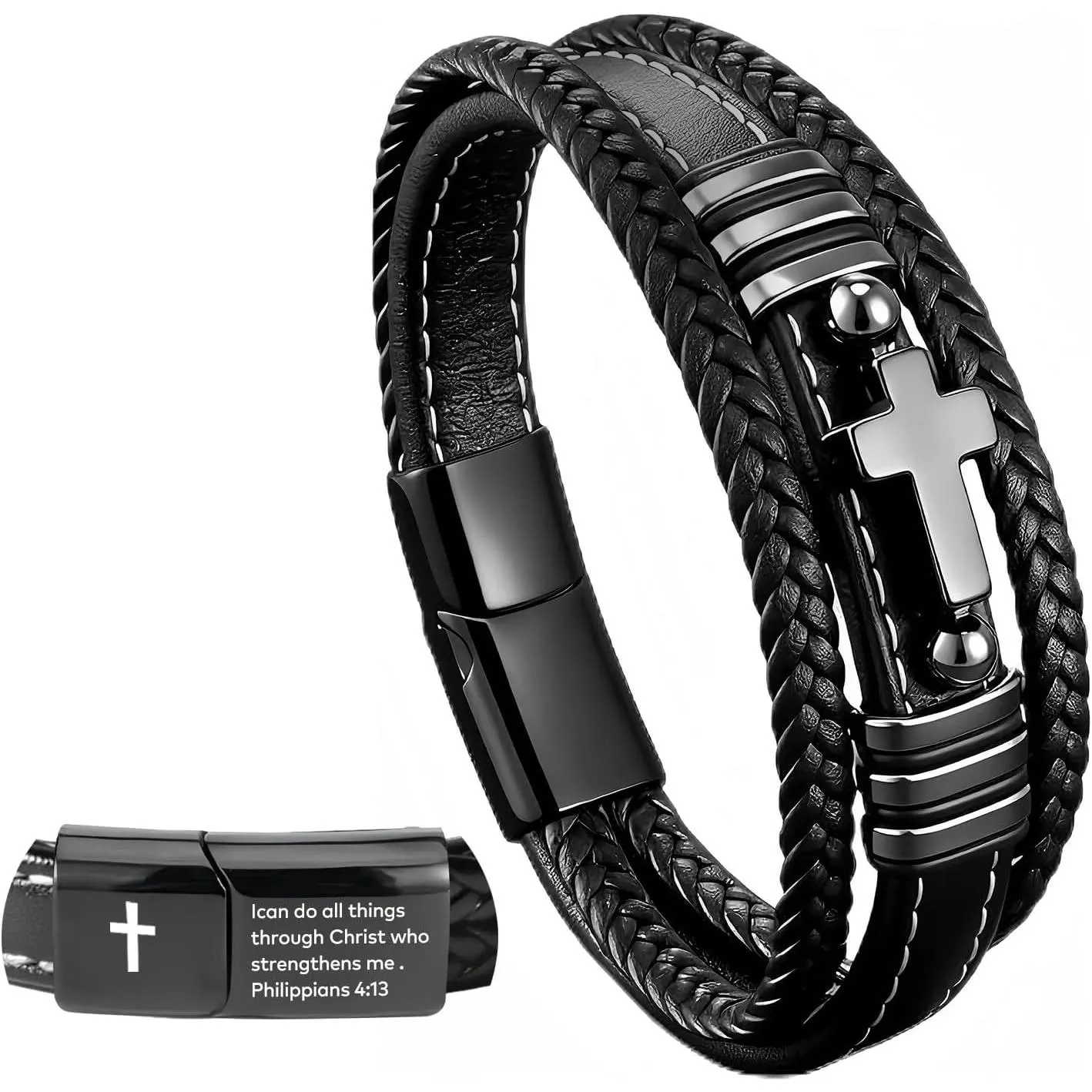 Men's Leather Faith  Bracelets, Multi-Layer Braided Leather Wristband Bangle,  Catholic Christian Religious  Gifts for Dad,,