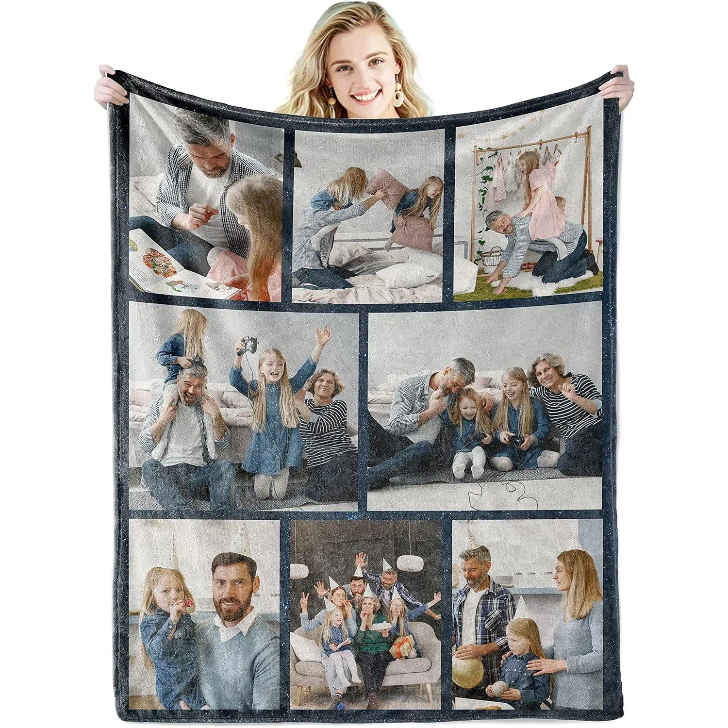 Family Memories Custom 8 Photo Throw Blanket, Grey Frame Collage Flannel Blanket, Soft Cozy Warm Throw, Personalized No Text Design, Gift for Parents Grandparents, Sentimental Keepsake Cute Couch Bedroom Decor