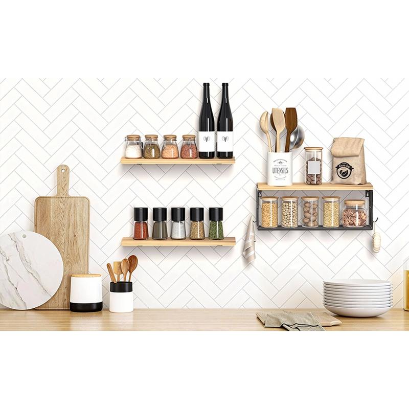 Floating Bathroom Shelves Wall Mounted, Set of 3 Wooden Shelves with Metal Basket, Over Toilet Storage Organizer for Bathroom, Apartment, RV, Powder Room, Black