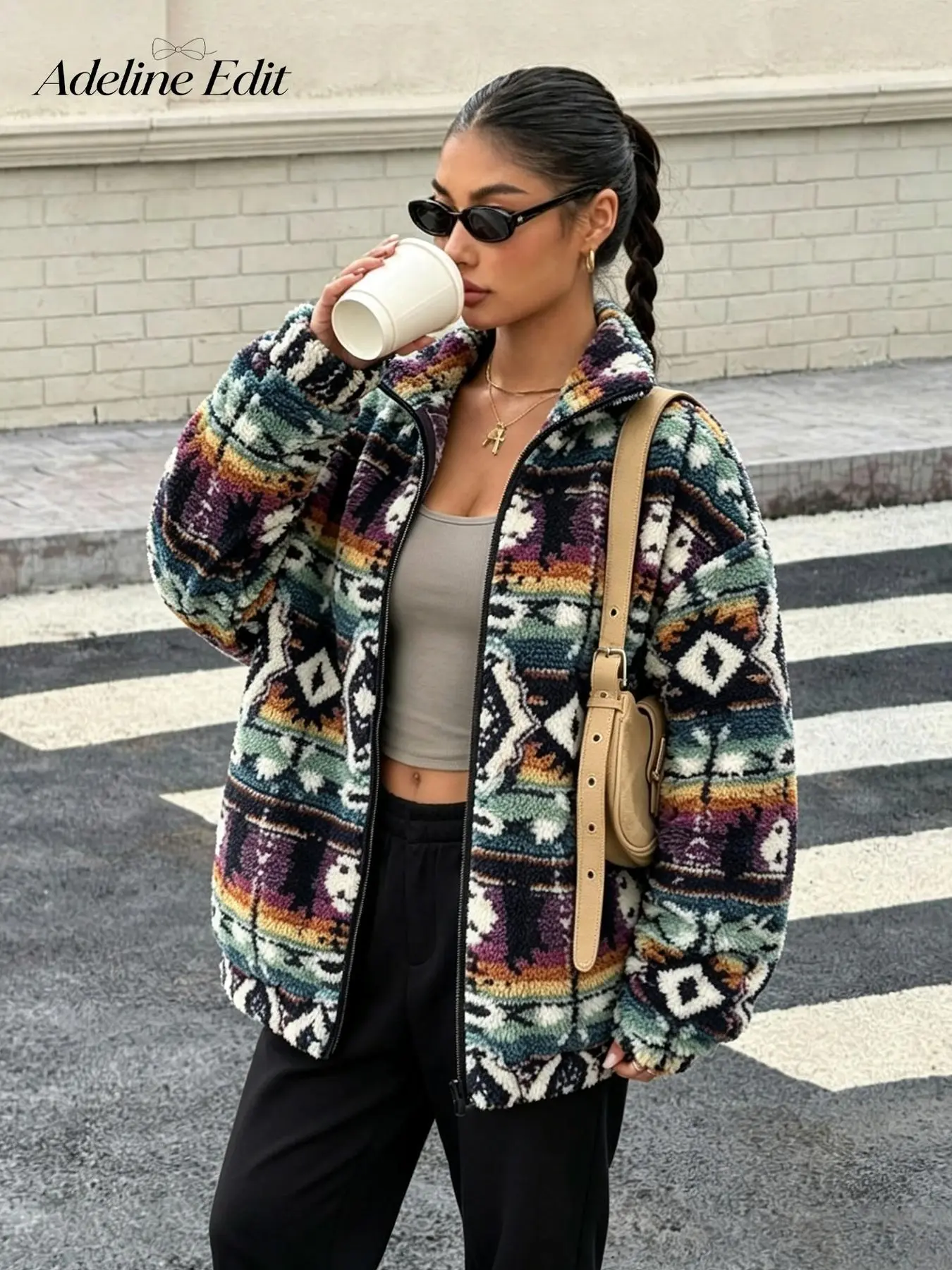 Vintage Navajo Tribal Pattern Faux Sherpa Jacket, Women's Loose Fit Full Zip Stand Collar Street Style Chic Outerwear, Geometric Ethnic Print Warm Casual Coat #NavajoJacket #StreetStyleFashion #WomensWinterCoat