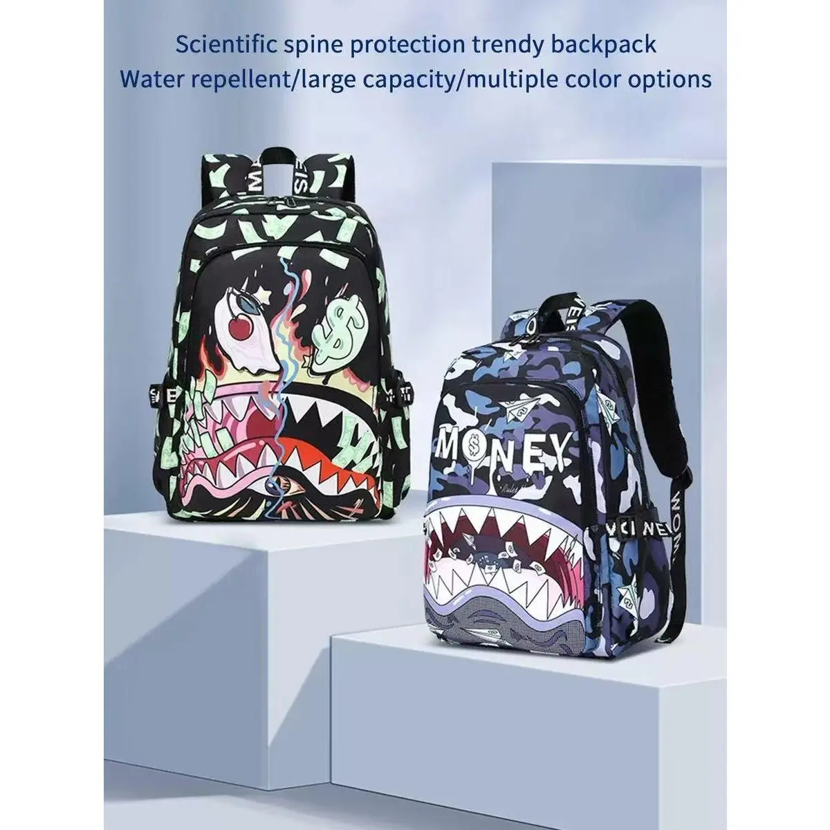 New Colorful Shark Print Camouflage Backpack, Lightweight Student Bag, Large Capacity Trendy Cartoon Fashion Casual Shoulder Bag, Premium School Backpack