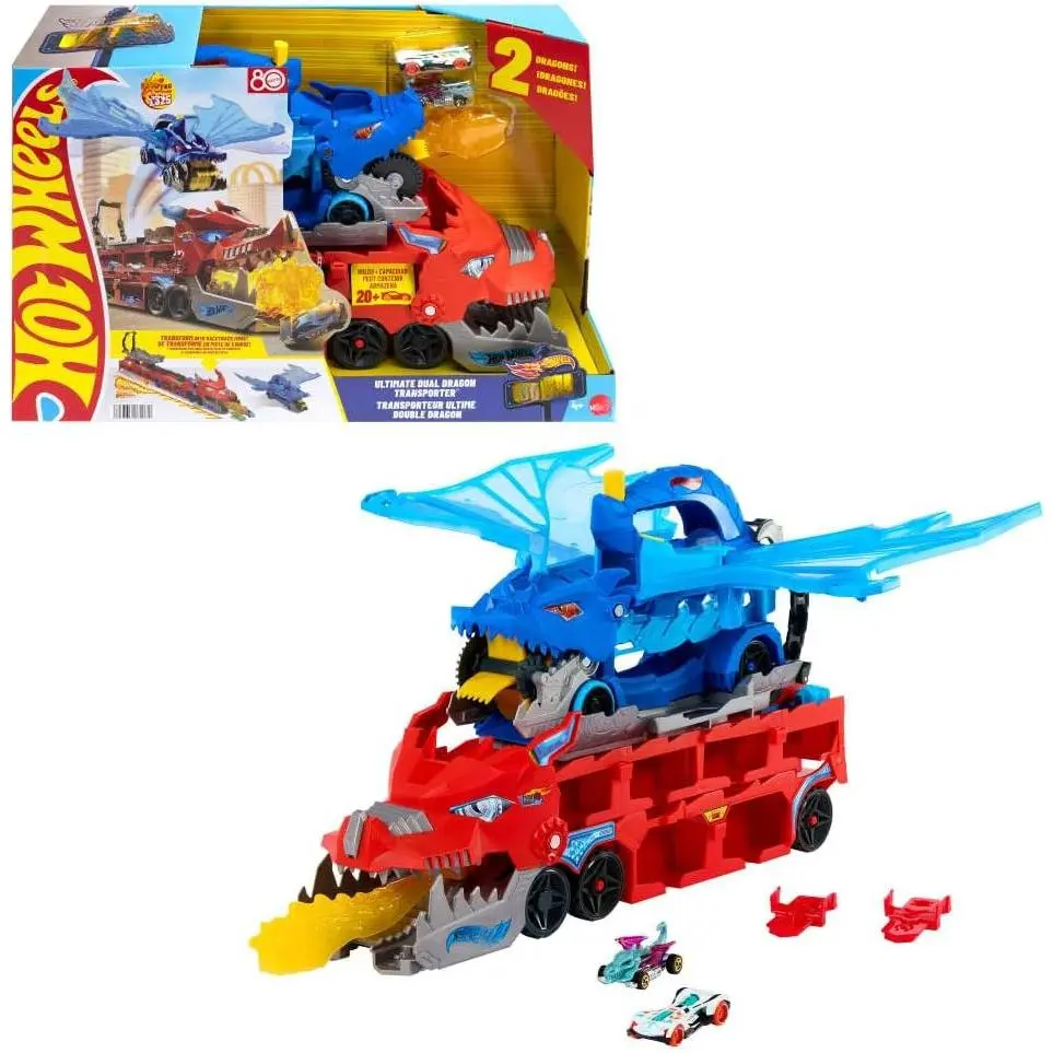Toy Car Track Set, Ultimate Dual Dragon Transporter & 2 Die-Cast Cars, Large-Scale & Detachable Dragon, Stores 20+ Vehicles