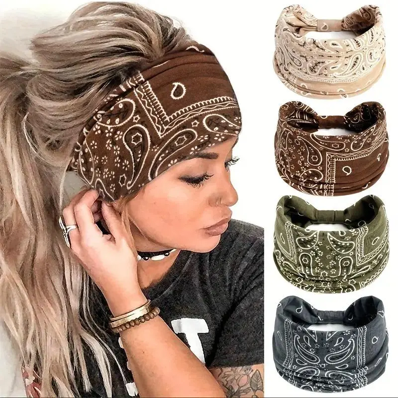Women's 4-5 Pack Cashew Print Boho Twist Wide Elastic Cotton-Synthetic Headbands, Sweat-Absorbing Workout Headbands for Women, Ideal for Fitness & Daily Wear, Workout Headband