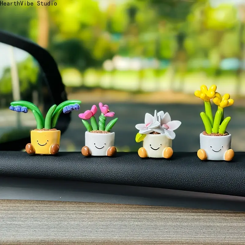 4pcs Cartoon Potted Flower Plants Car Ornaments • Cute Car Decor Mini Dashboard Ornaments • Luxurious Texture • Dashboard Decor • Interior Car Accessories