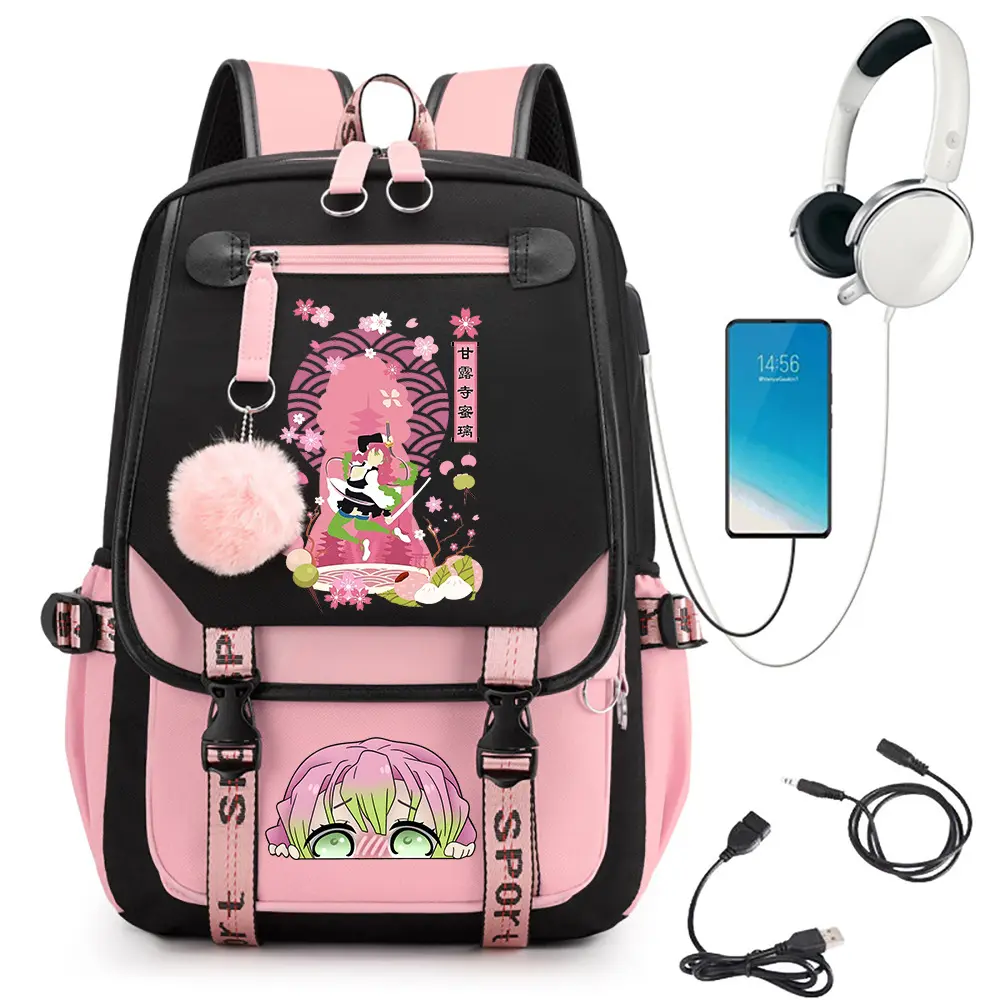 Demon Slayer Mitsuri Kanroji Backpack, Anime Character Student School Bag, Large Capacity Campus Backpack for Middle High School Students