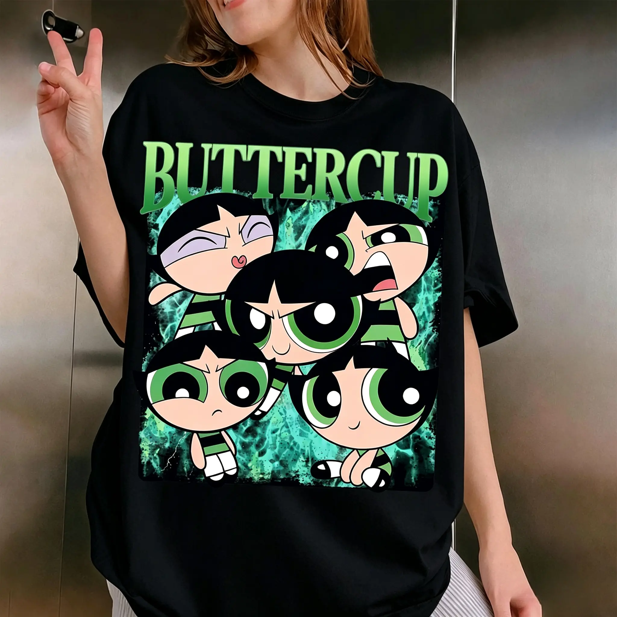 Buttercup Powerpuff Girls Graphic Tee for Women, Vintage 90s Cartoon Bootleg Style Oversized T-Shirt, Y2K Nostalgia Top