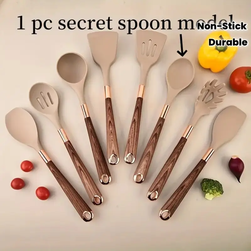 1Pc Non-Stick Silicone Spoon with Wooden Handle, Durable Kitchen Utensil for Cooking & Baking, Ideal for Stirring, Scooping and Measuring, Essential Bakeware Tool