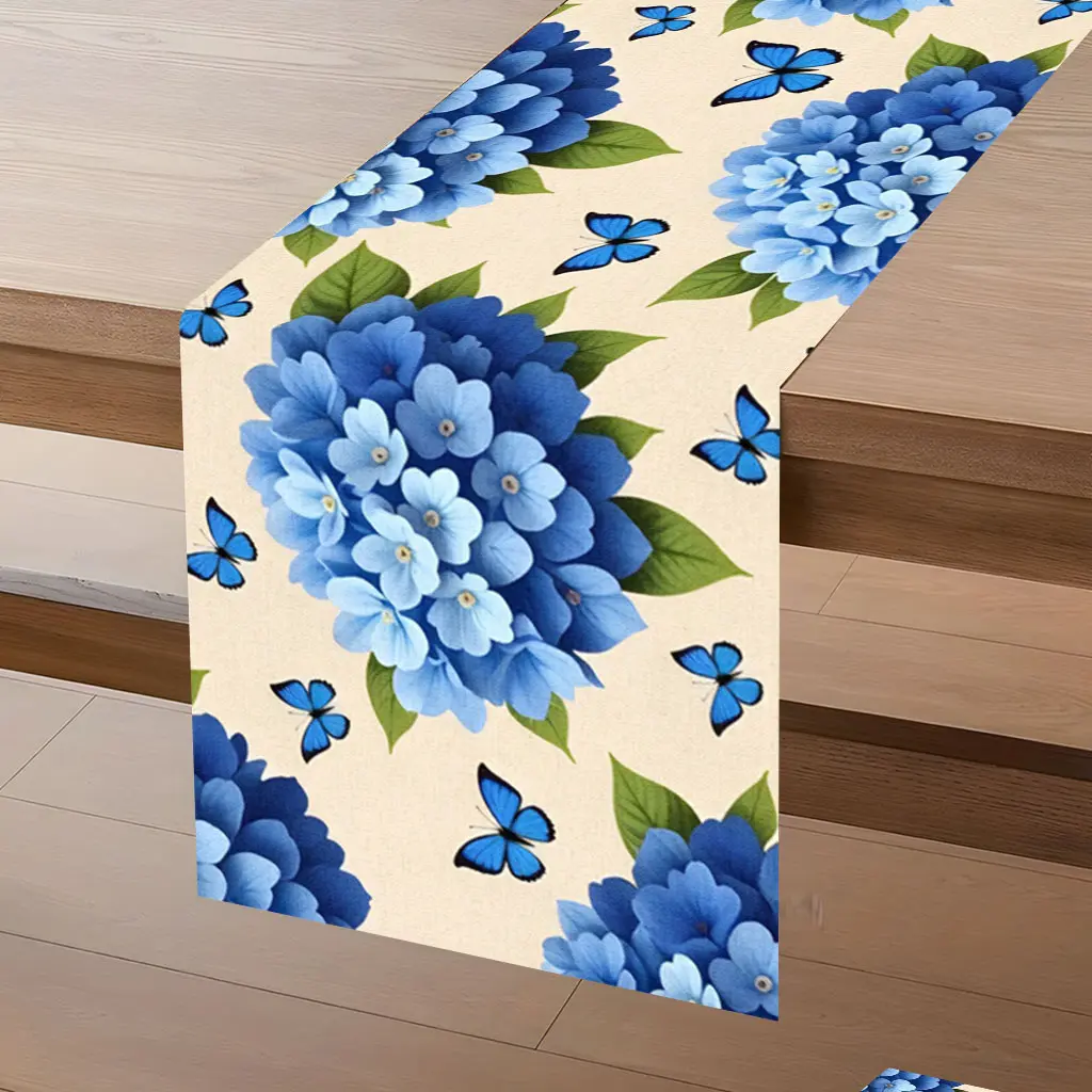 Tablecovers 1pc, A pattern of blue hydrangeas and butterflies1, Rectangular table runner, kitchen table, dining room coffee table decoration, festive season tabletop accessories, 100% polyester, farmhouse party holiday dinner tablecloth