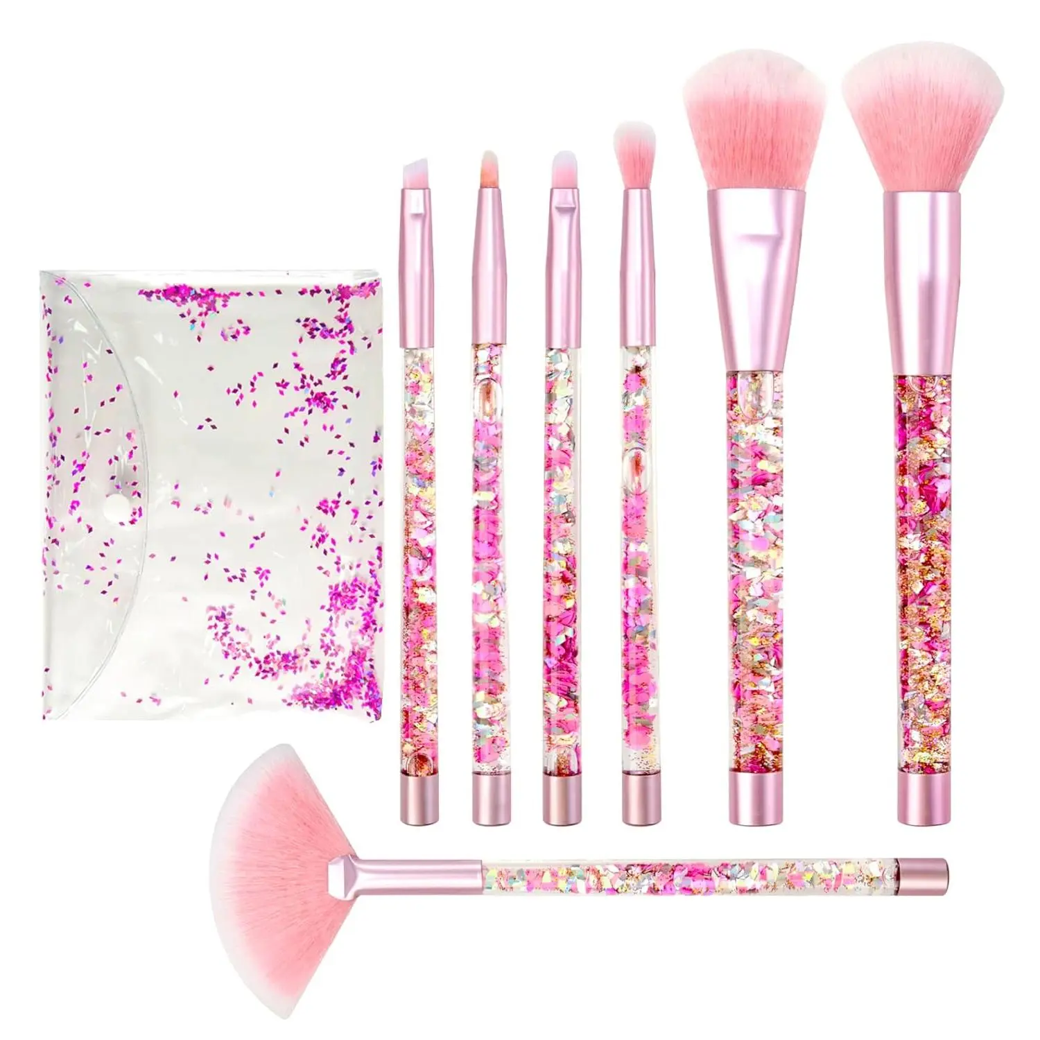 7PCS Shine-Enhancing Pink & Blue Liquid-Flow Makeup Brush Set - Foundation, Fan Powder, Blush, Lip, Eye Shadow, Eyebrow, Eye Blender Brushes, Teen Gift Selfie Accessory, Blue Brush