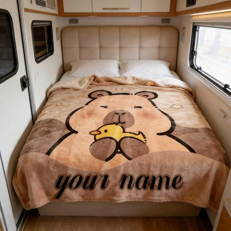 Custom Name Capybara Duck Flannel Throw Blanket, Personalized your name Blanket with Cute Capybara Holding Duck Design, Soft Cozy Warm Double-Sided Throw for Couch Bed, Capybara Lover Birthday Gift for Kids Toddler, Customizable Name Text