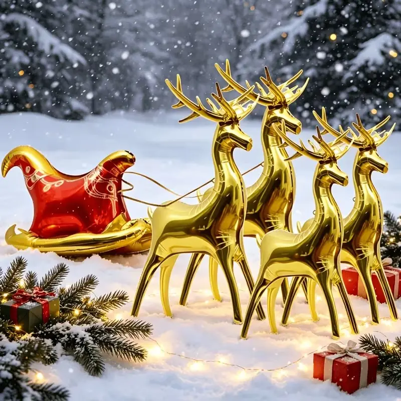 Christmas Reindeer Foil Balloon Set, 5pcs Golden Reindeer Sleigh Balloons, Holiday Party Decorations for Christmas Home Decor, Tree Decoration and Festive Celebration