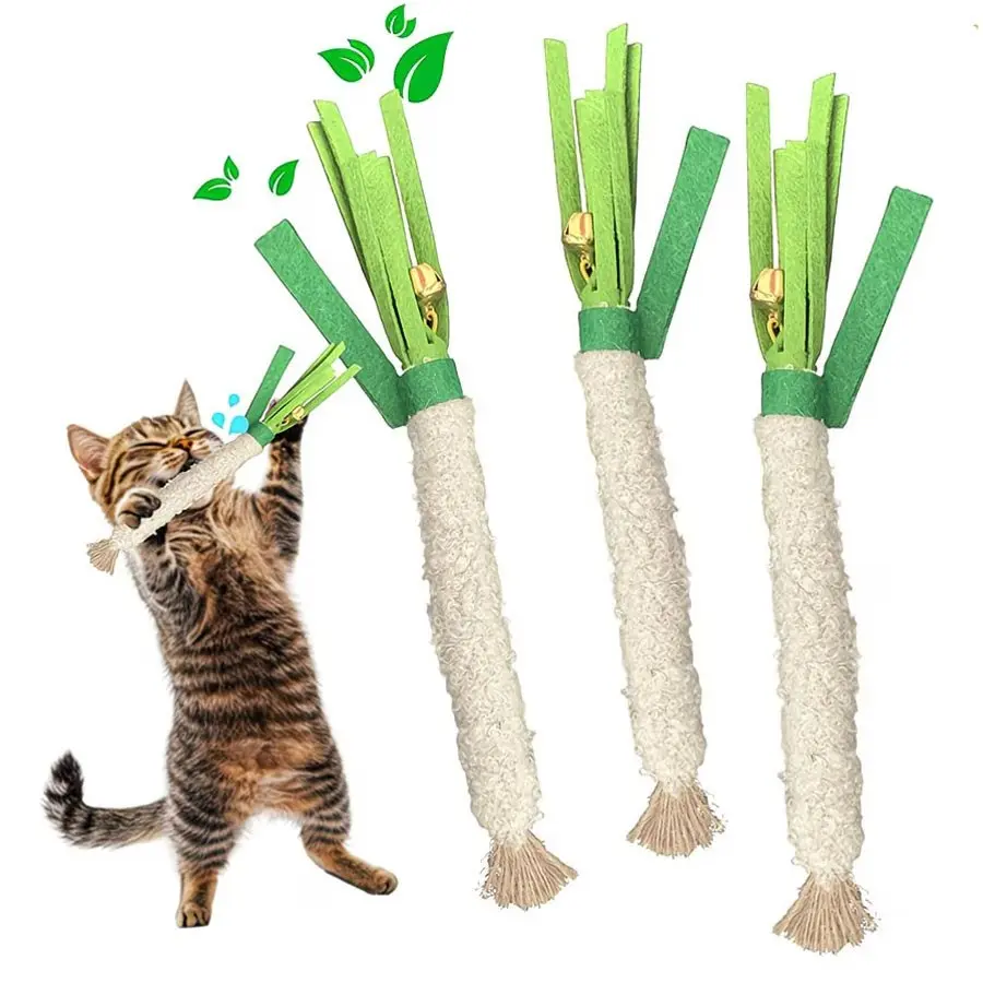 [Realistic | Chewable] 3pcs Realistic Green Onion Cat Toys | Interactive Chewable Teething, Durable Non-Toxic, Safe for Scratching/Biting, Long-Lasting Chew Sticks with Green Leaf Top & Fluffy Base
