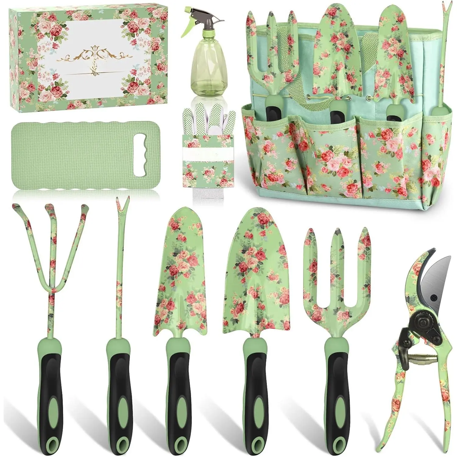Gardening Tools,  10 Piece Heavy Duty Garden Tools Set with Handle, Durable Fashion Garden Organizer Handbag, Ideal Gardening White Elephant Gifts Gift  Woman Mothers