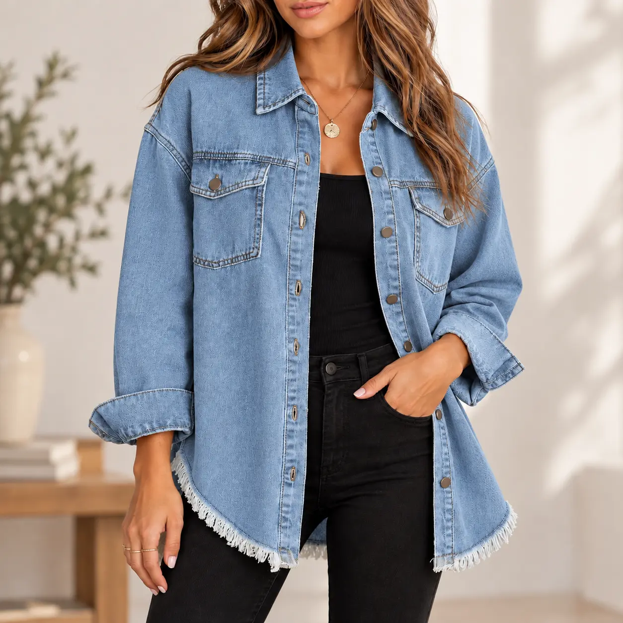 New washed denim shirt jacket for women, European and American style, autumn and winter, unique street style with frayed hem