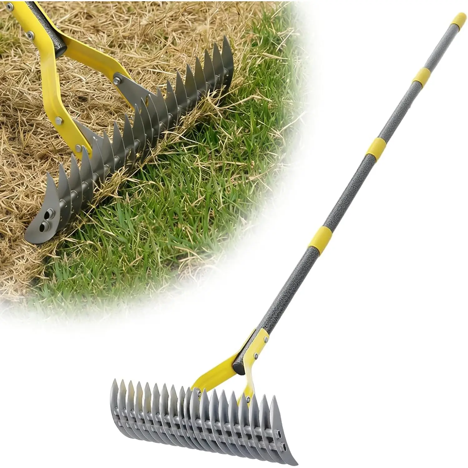 -Action Dethatcher Rake - 19-Tine, Heavy Duty Landscaping Rake, Adjustable Thatch Rake with 40-70 inch, Metal Rake, Turf Rake for Artificial Grass, Cleaning  Grass, Soil Loosening & Yard Care