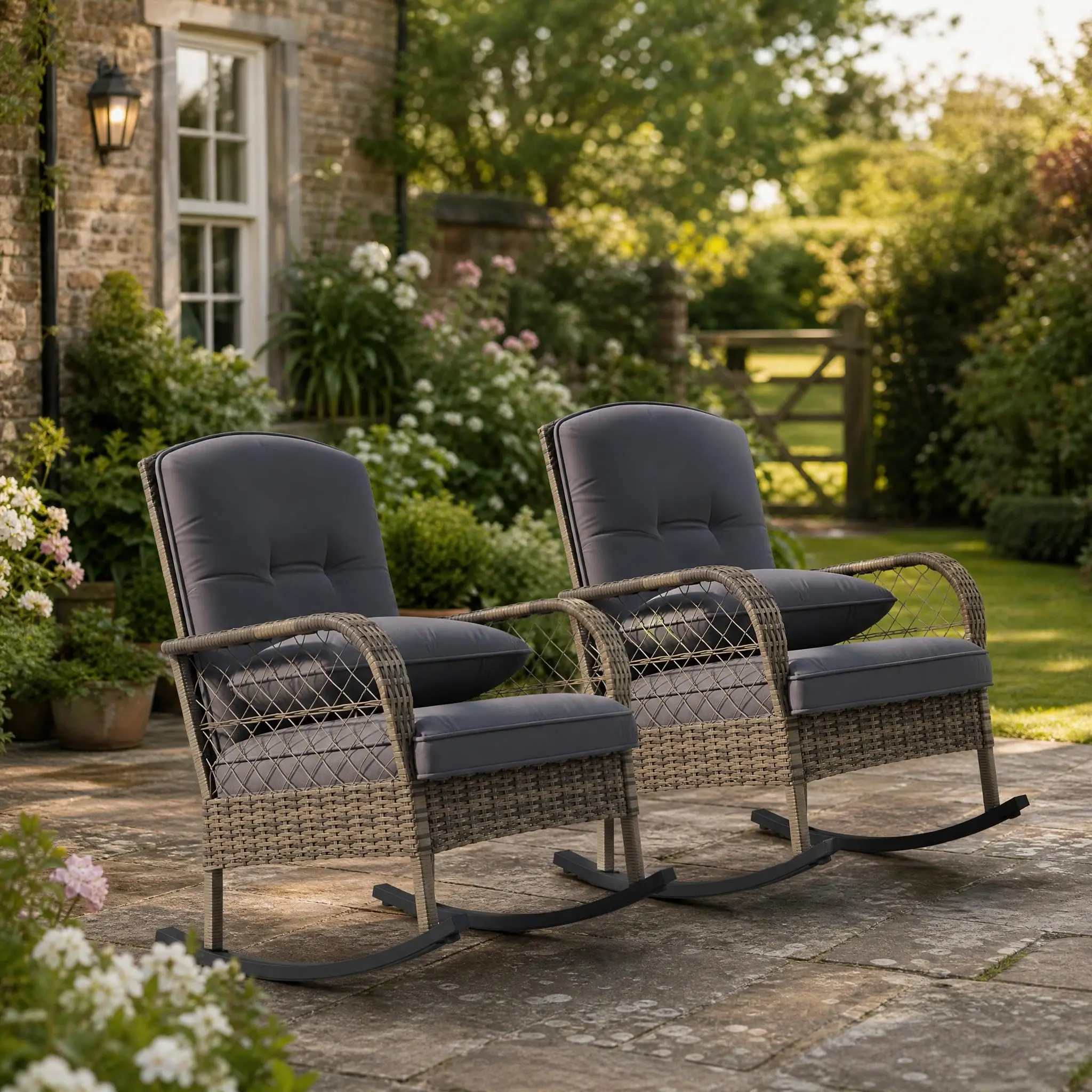 Outdoor Wicker Rocking Chair, Patio Rattan Rocker with Cushions & Steel Frame for Garden, Backyard & Porch