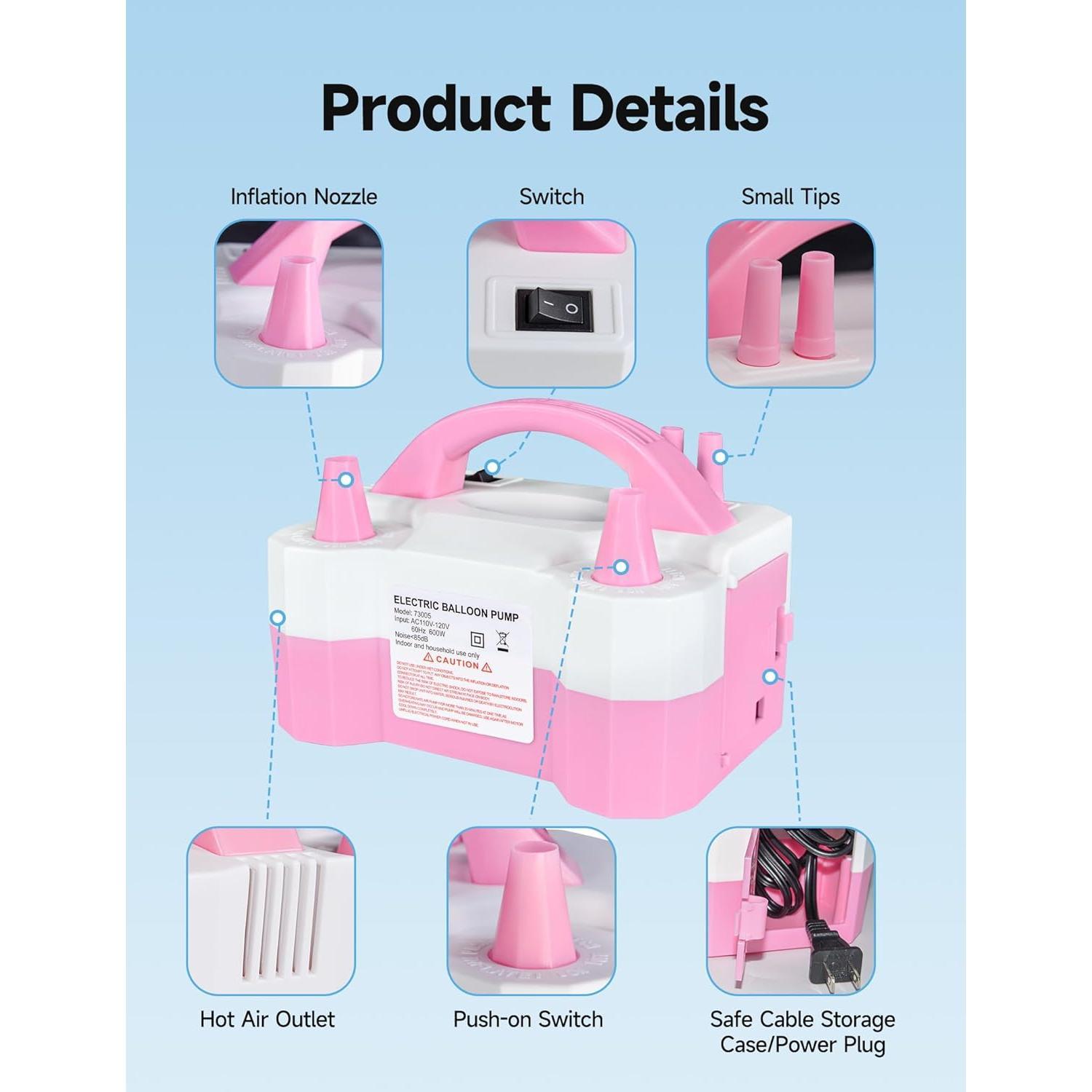 THE WELL KEPT Electric Balloon Pump, Portable Dual Nozzle Inflator 600W High-Power 110V Fast Inflation, Time-Saving with Abundant Accessories - Balloons Air Pump for Birthday Wedding Setup