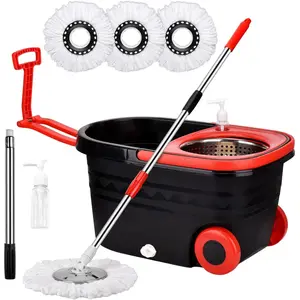 Spin Mop and Bucket System with Wringer, Adjustable Stainless Steel Handle, for Living Room, Bedroom, Bathroom, Kitchen Floor Cleaning Microfiber Mop Heads
