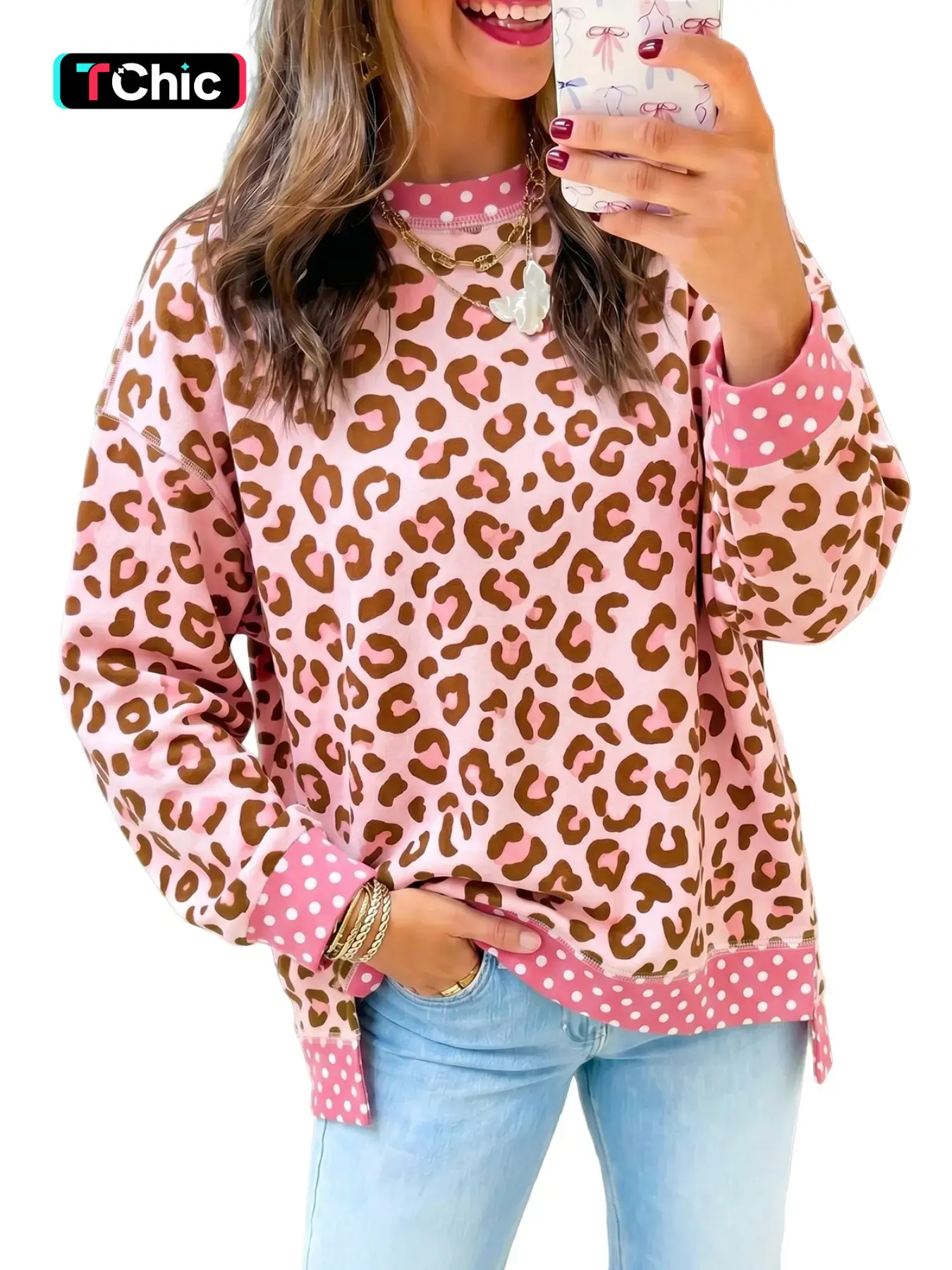 Spring Summer Casual Leopard Print Long Sleeve Round Neck Top, Loose Fit Pullover for Women, Trendy Streetwear Fashion