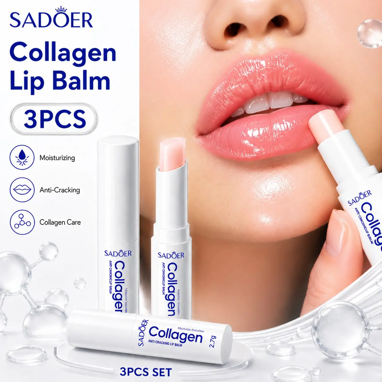 Sadoer Collagen Moisturizing Lip Balm 3-Pack, Nourishing Lip Care for All Skin Types, Lightweight and Portable, Ideal Gift for Holidays and Parties