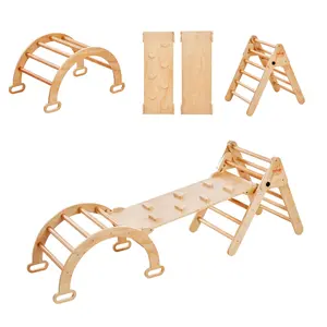 VEVOR Pikler Triangle Set, 5 in 1 Toddler Climbing Toys Indoor Playground, Ramp, and Arch, Montessori Climbing Set with Triangle, Medium Size Wooden Climbing Gym for Toddlers 1-3 Years, Wood Color