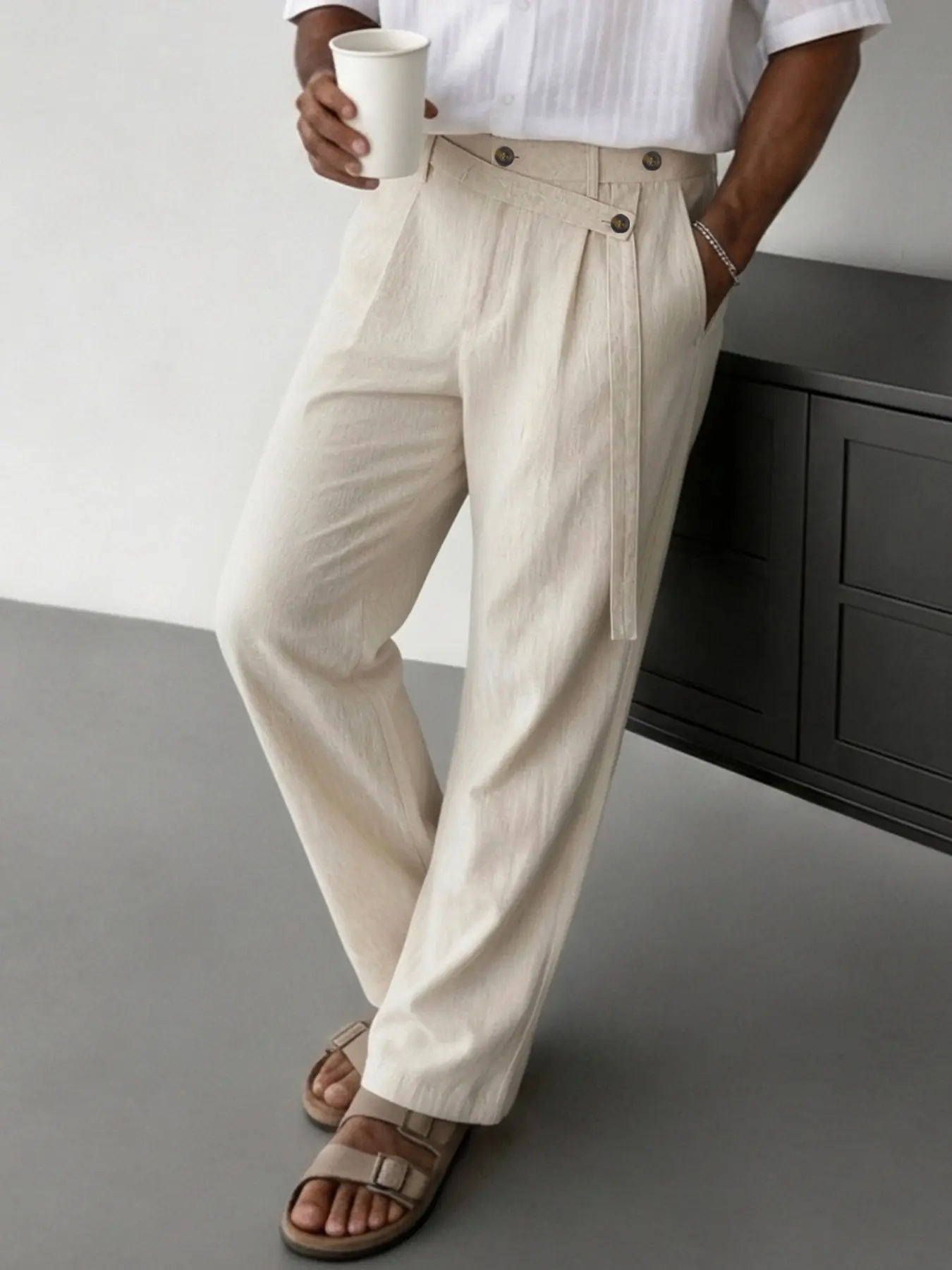 Men's Summer Linen Straight Leg Pants, Loose Fit Waistband, Breathable Anti-Wrinkle Fabric, Casual Office Wear, Vacation