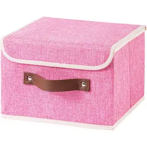 Collapsible Storage Boxes Baskets with Lid Cotton Linen Fabric Storage Bins with Faux Leather Handles Decorative Washable Cube Organizer Container for Home Closet Bedroom (Pink, Small Size)