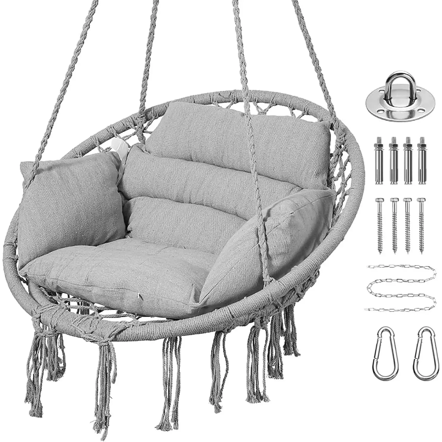 Hammock Chair, Macrame Hanging Swing Chairs with Cushion and Hardware Kit,Adult Boho Swings for Outside,Patio,Balcony,Bedroom (Light Grey)