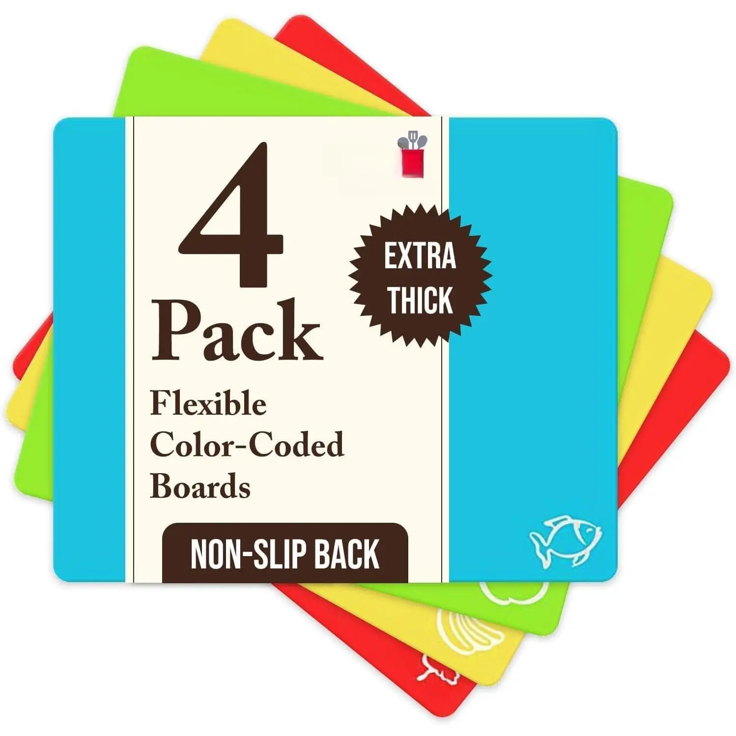 4 count Flexible Plastic  Boards for ,  Plastic  Mats For  - Extra Thick Chopping Mats - Mats Color Coded with  Icons - Non Slip Dishwasher Safe