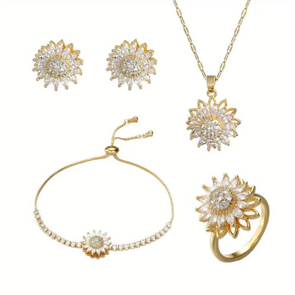 Women's Cute 4PCS Rotating Spinner Sunflower Jewelry Set - Female Pendant Necklace, Stud Earrings, Adjustable Tennis Bracelet, Ring - 18K Gold-Plated Stainless Steel with Synthetic Zircon - Daily Wedding Bridesmaid Gift