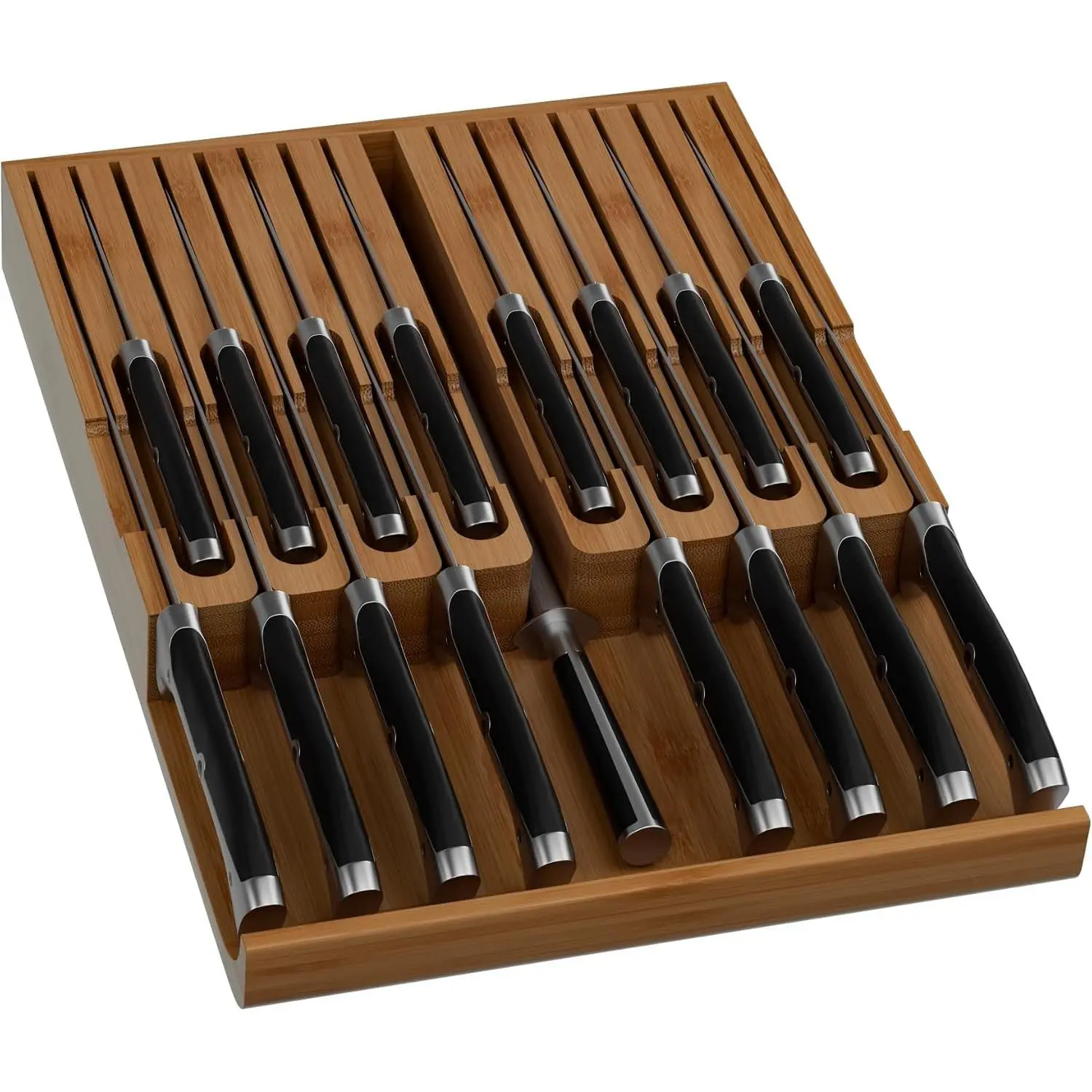 Bamboo In-drawer Knife Block - Knife Drawer Organizer Insert Large Handle Steak Knife Holder, Kitchen Drawer Knife Organizer Fits for 16 knives and 1 Sharpening Steel (Not Included), Walnut