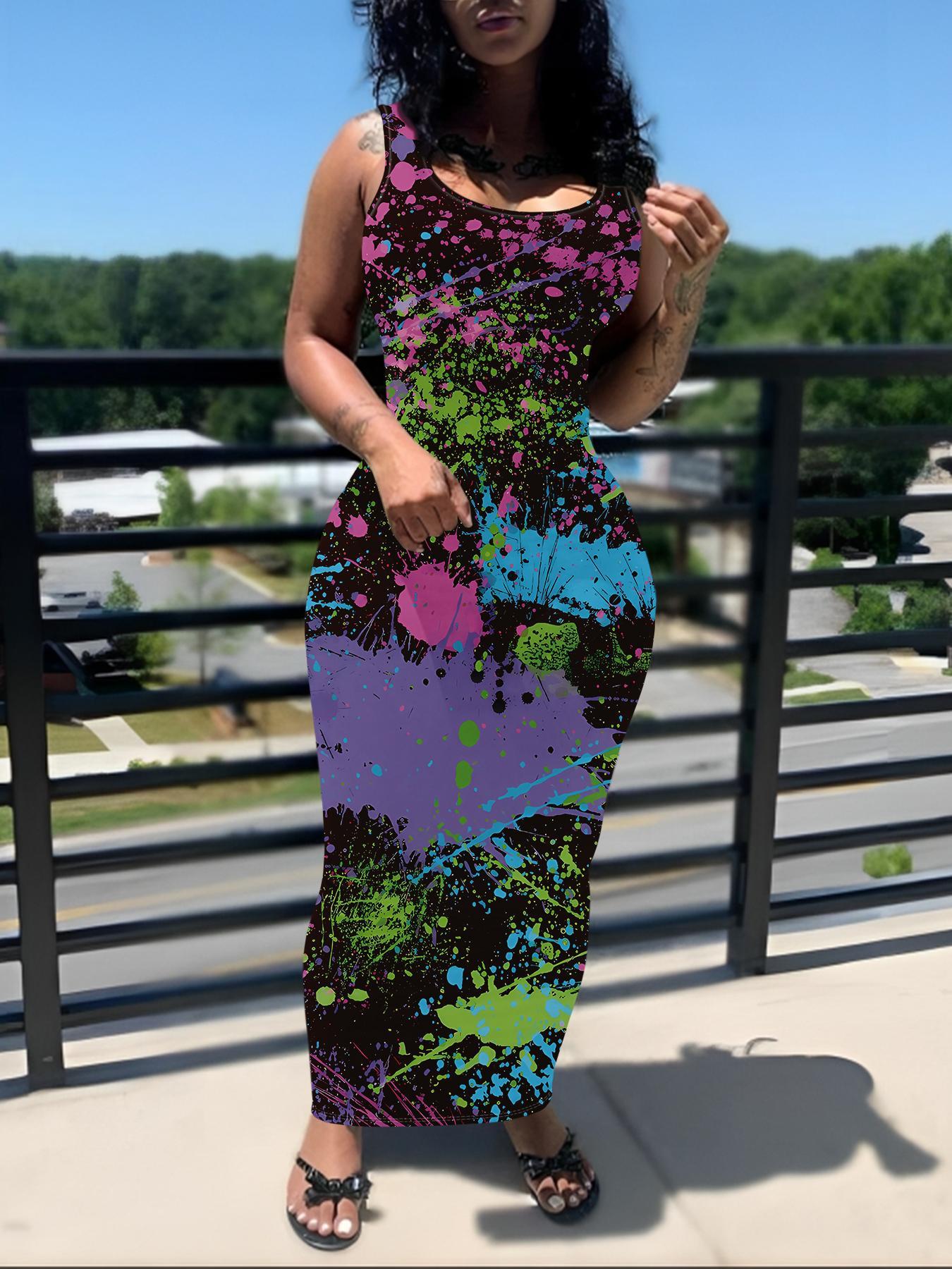 Women's All Over Print U Neck Bodycon Dress, Casual Sleeveless Long Dress for Summer, Ladies Clothes for Daily Wear