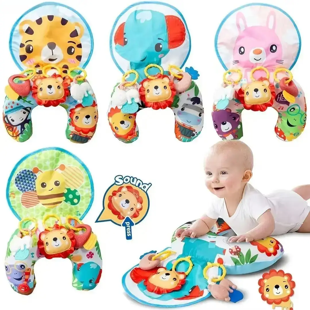 Baby Tummy Time Play Pillow Mat, U-Shaped Infant Crawling Support Cushion with Sound Rattles & Teether Toys, Colorful Animal Sensory Activity Gym for Newborn Early Learning & Motor Skill Training