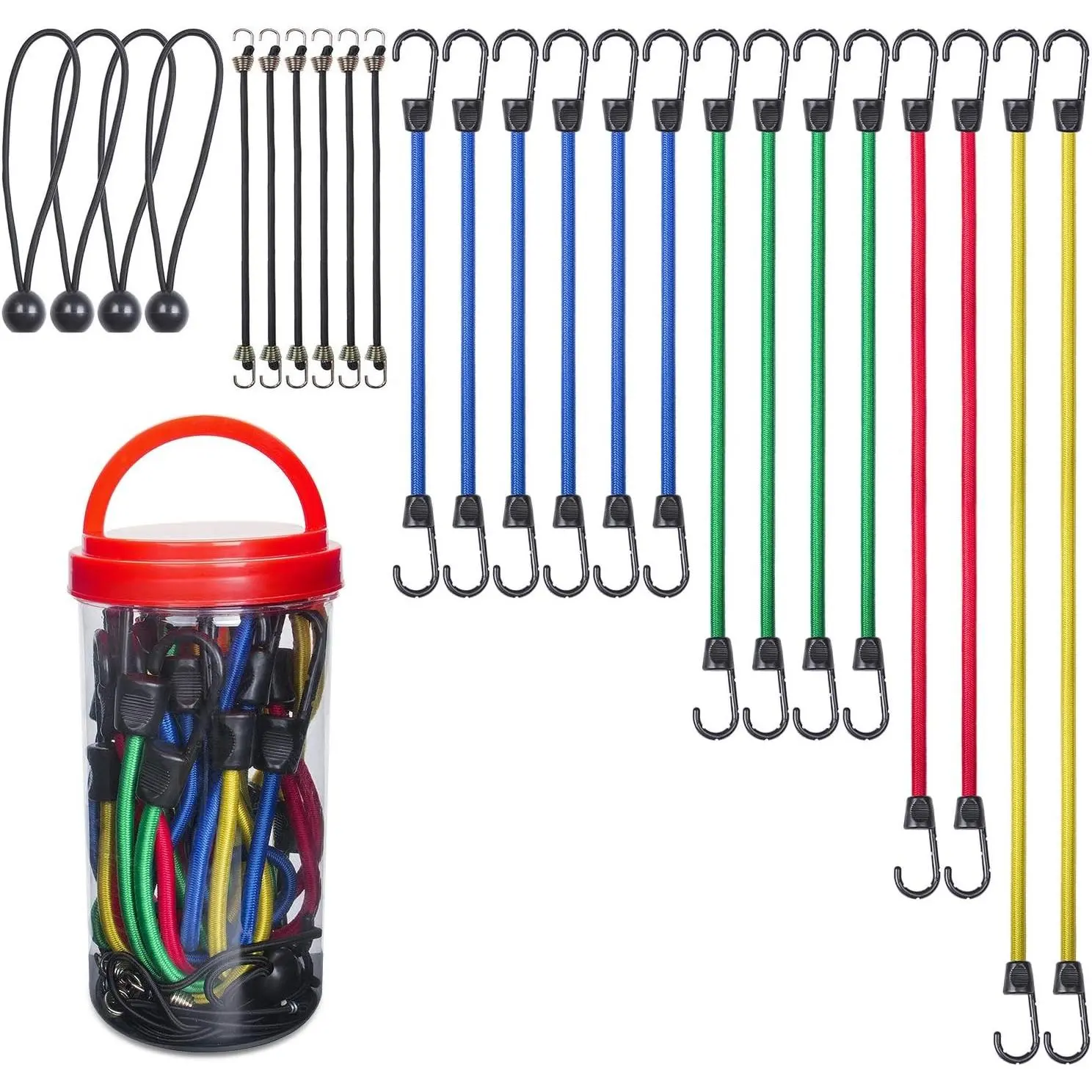24-Piece Premium Bungee Cord Assortment in Storage Jar - Includes 10", 18", 24", 32", 40" Bungee Cords and 8" Canopy/Tarp Ball TiesGift