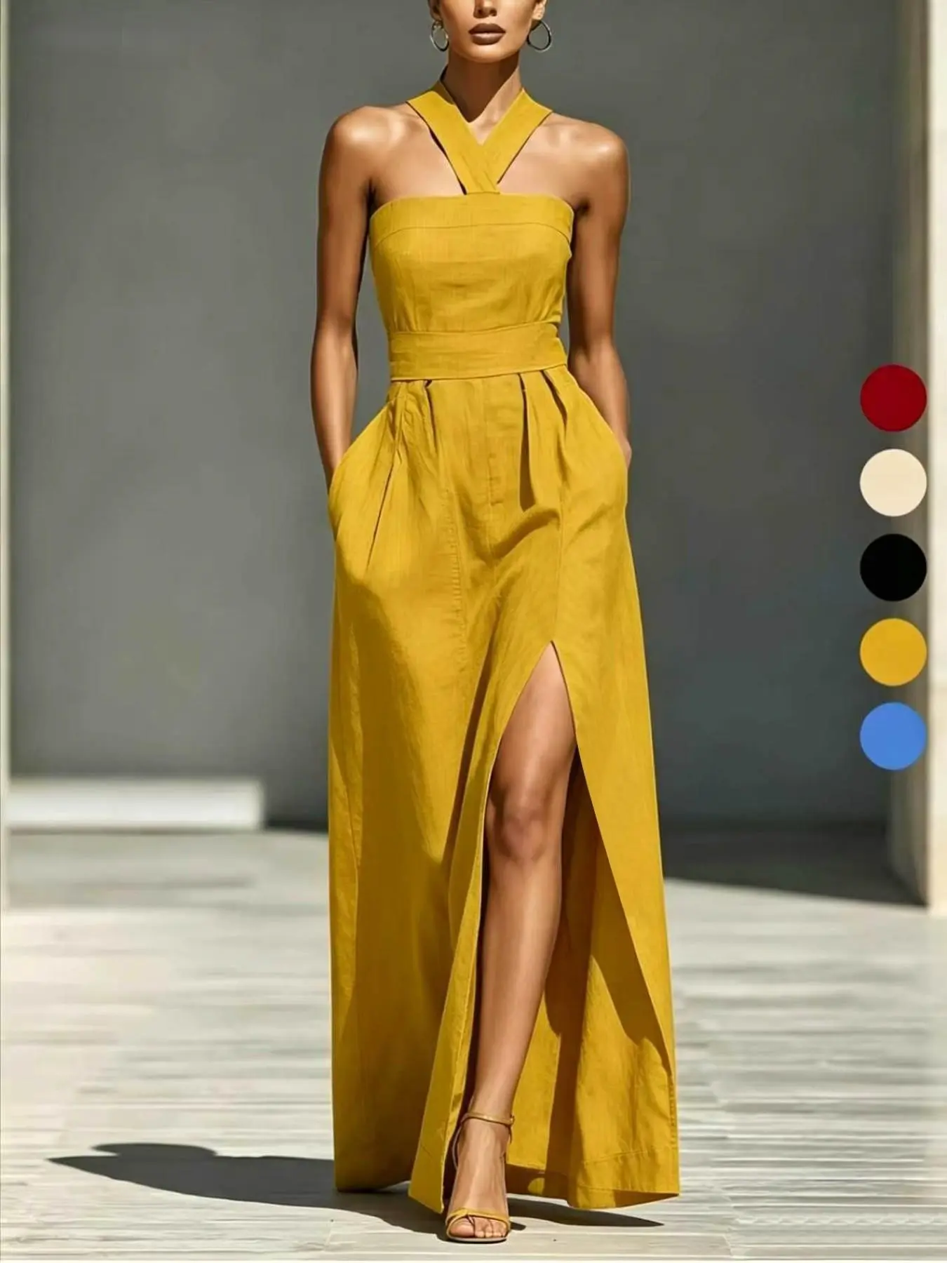 French Halter Neck Waist Cinch Women's Dress, Elegant Split Long Vacation Dress, Stylish Summer Evening Wear, Perfect for Special Occasions