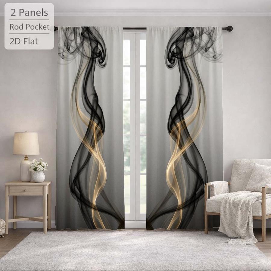 2Pcs Abstract Gold Black Smoke Pattern Sun Blocking Curtains Digital Printed Rod Pocket, Window Treatment For Bedroom Office Kitchen Living Room Study Home Decor