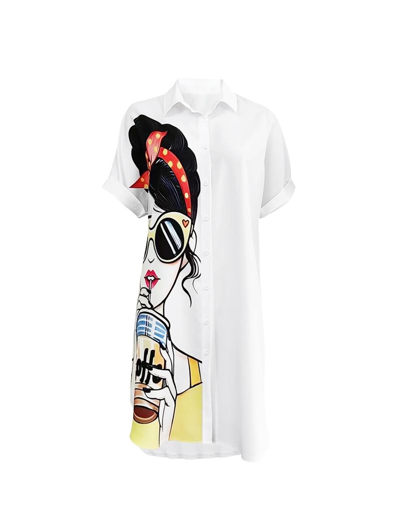 Women's Cartoon Face Print Curved Hem Shirt Dress, Casual Batwing Sleeve Knee Length Dress for Summer, Ladies Clothes for Holiday Vacation