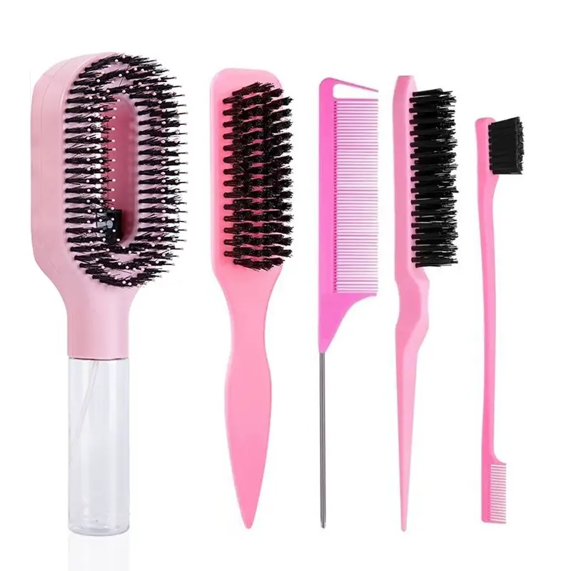 2-In-1 Styling Set, 5pcs Detangling & Hydration Tools, Hair Detangler, Massage Comb, Curved Rat Tail Comb, Edge Control Brush, Ideal for Salon Use
