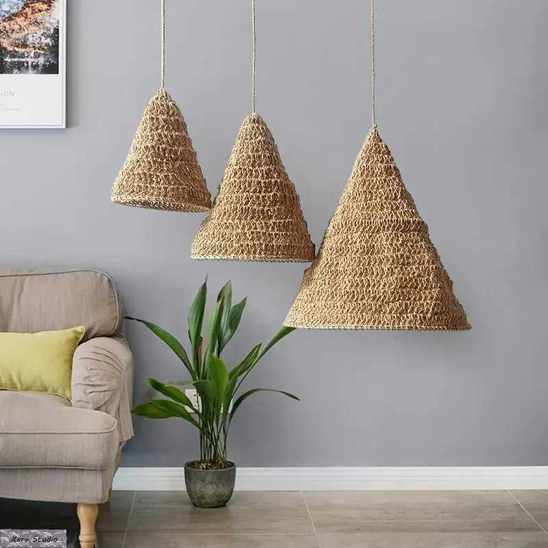 Boho Woven Lampshade, Handmade Hemp Rope Pendant Light Cover with Natural Rustic Design, Aesthetic Hanging Light Decor for Bedroom, Living Room, Dining Room, Cafe, Restaurant & Cozy Home Spaces