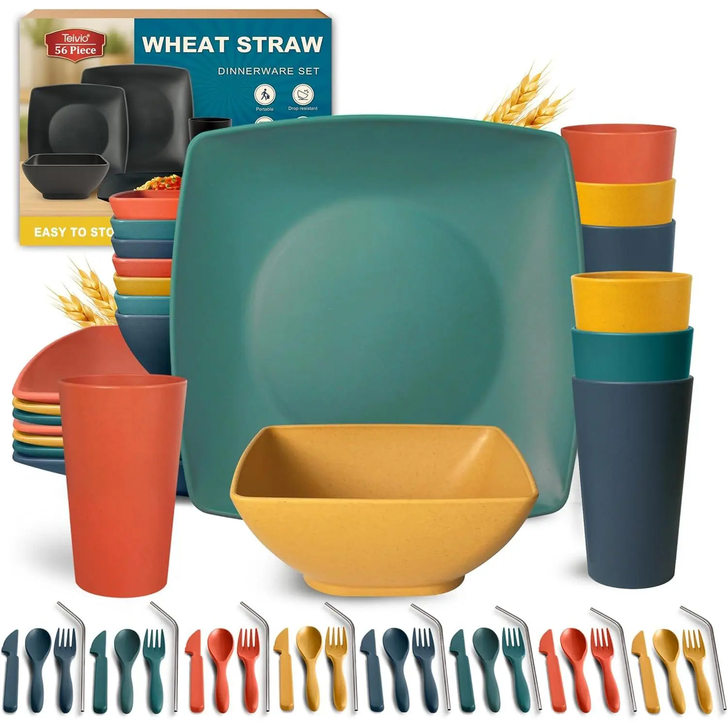 56-Piece Plastic Wheat Straw Square Dinnerware Set Service for 8, Unbreakable Dinner Plates, Snack Bowls, 13.5 oz Tumblers with Flatware, Dishwasher Safe, Tableware for Outdoor Camping RV, Autumn Multicolor