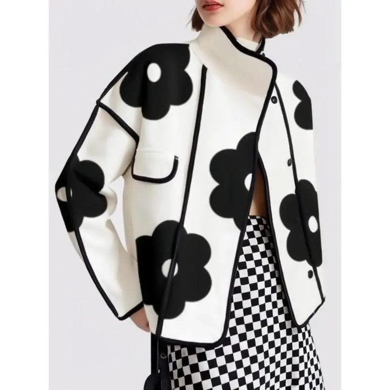 Women's Floral Print Contrast Binding Button Front Flap Jacket, Elegant Stand Collar Drop Shoulder Long Sleeve Outerwear for Fall & Winter, Daily Wear Gift