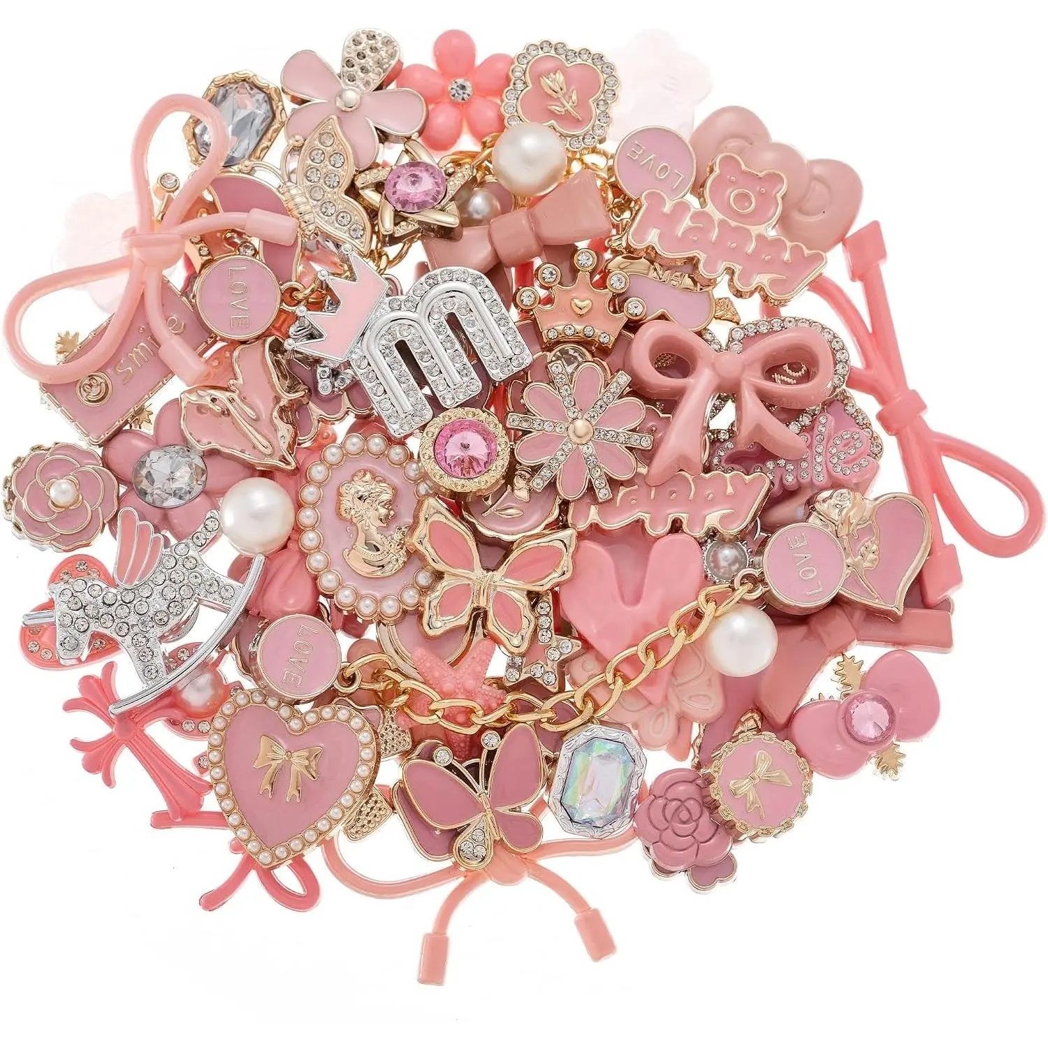 Pink Gold Bling Shoe Charms for Clogs with Pearl Chains, 22/30/50 Pcs Random Cute Butterfly Flower Rhinestone Decorations, Birthday Party Favors Gifts for Girls WomenGift