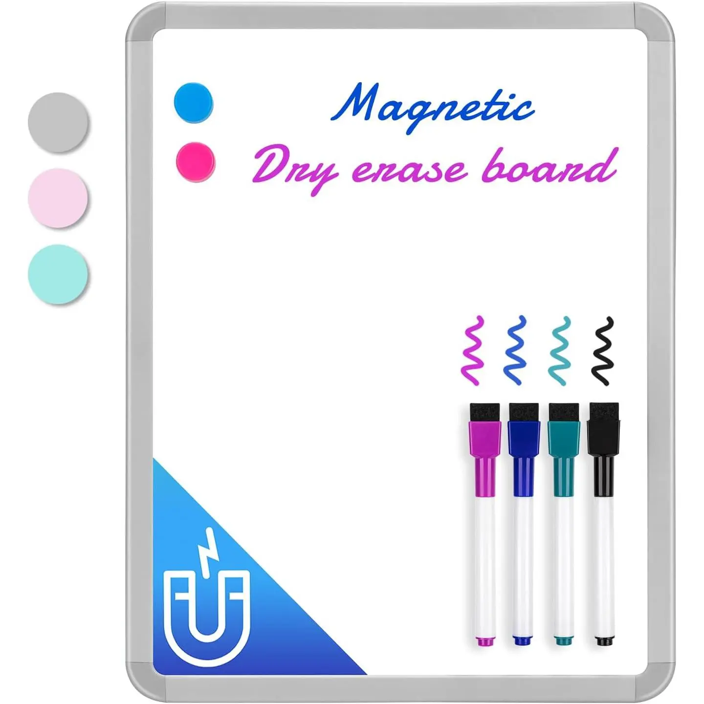 Dry Erase Board, 14 x 11 Inches White Board, Gray | Includes 4 Dry Erase Markers, Small Mini White Board for Students Fridge Wall Locker